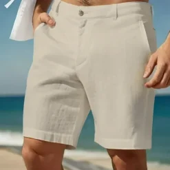 Hot OUKU Men's Shorts Linen Shorts Dress Shorts Summer Shorts Beach Shorts Pocket Buttons Plain Comfort Breathable Knee Length Formal Daily Holiday Vacation Fashion White Sky Blue Inelastic