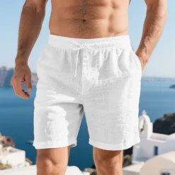 Online OUKU Men's Shorts Linen Shorts Summer Shorts Beach Shorts Pocket Drawstring Elastic Waist Plain Comfort Breathable Short Vacation Holiday Beach Hawaiian Boho Black White