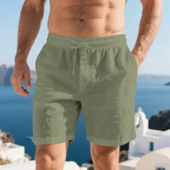 Online OUKU Men's Shorts Linen Shorts Summer Shorts Beach Shorts Pocket Drawstring Elastic Waist Plain Comfort Breathable Short Vacation Holiday Beach Hawaiian Boho Black White