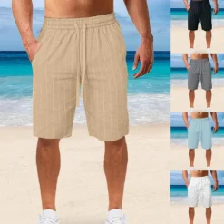 Sale OUKU Men's Shorts Linen Shorts Summer Shorts Beach Shorts Pocket Drawstring Elastic Waist Stripe Comfort Breathable Knee Length Outdoor Holiday Beach Vacation Casual Black White