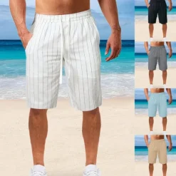 Sale OUKU Men's Shorts Linen Shorts Summer Shorts Beach Shorts Pocket Drawstring Elastic Waist Stripe Comfort Breathable Knee Length Outdoor Holiday Beach Vacation Casual Black White