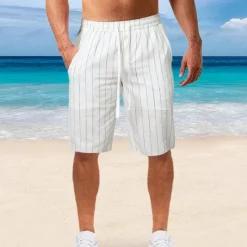 Sale OUKU Men's Shorts Linen Shorts Summer Shorts Beach Shorts Pocket Drawstring Elastic Waist Stripe Comfort Breathable Knee Length Outdoor Holiday Beach Vacation Casual Black White