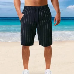 Sale OUKU Men's Shorts Linen Shorts Summer Shorts Beach Shorts Pocket Drawstring Elastic Waist Stripe Comfort Breathable Knee Length Outdoor Holiday Beach Vacation Casual Black White