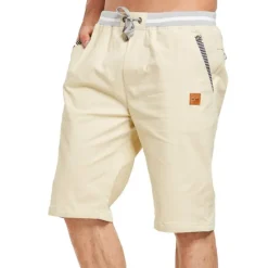 OUKU Men's Shorts Linen Shorts Summer Shorts Beach Shorts Patchwork Drawstring Elastic Waist Plain Comfort Breathable Outdoor Daily Going out Fashion Casual Light Khaki Black