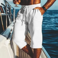 New OUKU Men's Shorts Linen Shorts Summer Shorts Beach Shorts Pocket Drawstring Elastic Waist Plain Comfort Breathable Calf-Length Vacation Holiday Beach Hawaiian Boho Black White