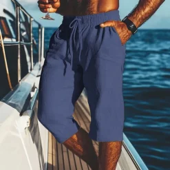 New OUKU Men's Shorts Linen Shorts Summer Shorts Beach Shorts Pocket Drawstring Elastic Waist Plain Comfort Breathable Calf-Length Vacation Holiday Beach Hawaiian Boho Black White