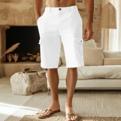 Outlet OUKU Men's Shorts Linen Shorts Summer Shorts Front Pocket Straight Leg Plain Comfort Breathable Knee Length Party Outdoor Casual Fashion Basic White Khaki