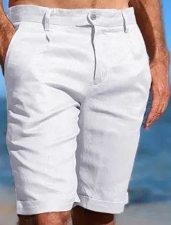 Online OUKU Men's Shorts Linen Shorts Dress Shorts Summer Shorts Beach Shorts Plain Breathable Soft Short Casual Daily Holiday Fashion Streetwear Black Beige Inelastic