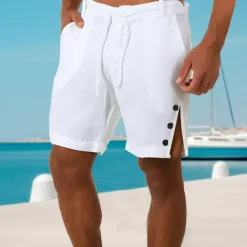 Clearance OUKU Men's Shorts Linen Shorts Summer Shorts Beach Shorts Pocket Drawstring Side Button Plain Comfort Breathable Short Casual Daily Holiday Fashion Designer Black White