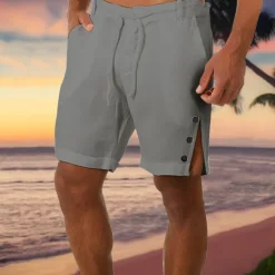 Clearance OUKU Men's Shorts Linen Shorts Summer Shorts Beach Shorts Pocket Drawstring Side Button Plain Comfort Breathable Short Casual Daily Holiday Fashion Designer Black White