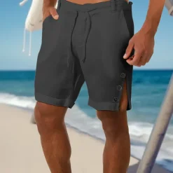 Clearance OUKU Men's Shorts Linen Shorts Summer Shorts Beach Shorts Pocket Drawstring Side Button Plain Comfort Breathable Short Casual Daily Holiday Fashion Designer Black White