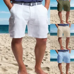 Sale OUKU Men's Shorts Linen Shorts Summer Shorts Beach Shorts Multi Pocket Straight Leg Plain Comfort Breathable Short Casual Daily Holiday Fashion Designer White Khaki