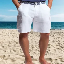 Sale OUKU Men's Shorts Linen Shorts Summer Shorts Beach Shorts Multi Pocket Straight Leg Plain Comfort Breathable Short Casual Daily Holiday Fashion Designer White Khaki