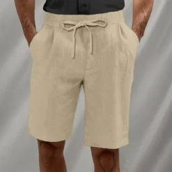 Discount OUKU Men's Shorts Linen Shorts Summer Shorts Beach Shorts Drawstring Elastic Waist Pleats Plain Breathable Knee Length Home Yoga Casual Athleisure White Brown