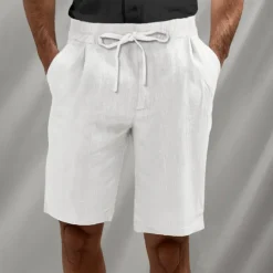 Discount OUKU Men's Shorts Linen Shorts Summer Shorts Beach Shorts Drawstring Elastic Waist Pleats Plain Breathable Knee Length Home Yoga Casual Athleisure White Brown