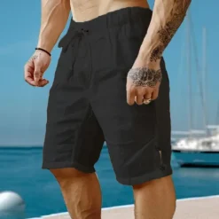 Outlet OUKU Men's Shorts Linen Shorts Summer Shorts Beach Shorts Drawstring Elastic Waist Plain Breathable Knee Length Yoga Beach Hawaiian Casual Black White