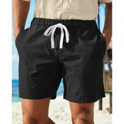 Online OUKU Men's Shorts Linen Shorts Summer Shorts Drawstring Elastic Waist Straight Leg Plain Comfort Breathable Above Knee Casual Daily Holiday Fashion Classic Style Black White