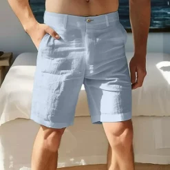 OUKU Men's Shorts Linen Shorts Dress Shorts Summer Shorts Zipper Buttons Pocket Plain Comfort Breathable Knee Length Outdoor Daily Going out Fashion Streetwear White Sky Blue