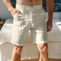 OUKU Men's Shorts Linen Shorts Dress Shorts Summer Shorts Zipper Buttons Pocket Plain Comfort Breathable Knee Length Outdoor Daily Going out Fashion Streetwear White Sky Blue
