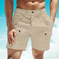 New OUKU Men's Shorts Linen Shorts Summer Shorts Beach Shorts Buttons Pocket Elastic Waist Plain Comfort Breathable Short Casual Daily Holiday Fashion Classic Style White Khaki