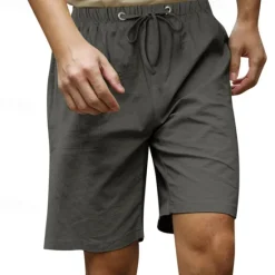 Online OUKU Men's Shorts Linen Shorts Summer Shorts Beach Shorts Pocket Drawstring Elastic Waist Plain Comfort Breathable Knee Length Casual Daily Holiday Fashion Classic Style Black White
