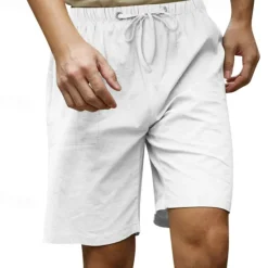 Online OUKU Men's Shorts Linen Shorts Summer Shorts Beach Shorts Pocket Drawstring Elastic Waist Plain Comfort Breathable Knee Length Casual Daily Holiday Fashion Classic Style Black White