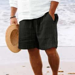 Clearance OUKU Men's Shorts Linen Shorts Summer Shorts Beach Shorts Pocket Drawstring Elastic Waist Stripe Comfort Breathable Knee Length Outdoor Holiday Beach Vacation Hawaiian Black Royal Blue