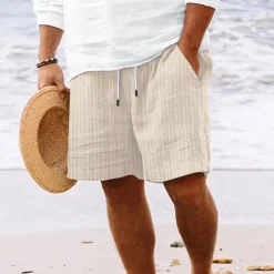Clearance OUKU Men's Shorts Linen Shorts Summer Shorts Beach Shorts Pocket Drawstring Elastic Waist Stripe Comfort Breathable Knee Length Outdoor Holiday Beach Vacation Hawaiian Black Royal Blue