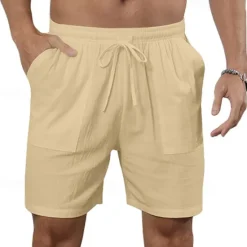 OUKU Men's Shorts Linen Shorts Summer Shorts Beach Shorts Drawstring Elastic Waist Front Pocket Plain Comfort Breathable Knee Length Outdoor Daily Holiday Fashion Classic Style Black White