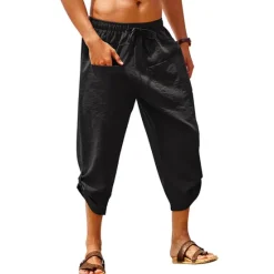 Clearance OUKU Men's Shorts Linen Shorts Summer Shorts Beach Shorts Capri Pants Drawstring Elastic Waist Front Pocket Plain Comfort Breathable Daily Holiday Going out Hawaiian Boho Black White