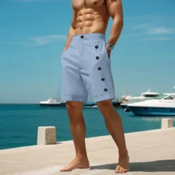 OUKU Men's Shorts Linen Shorts Summer Shorts Beach Shorts Pocket Side Button Plain Comfort Breathable Short Casual Daily Holiday Fashion Classic Style White Blue
