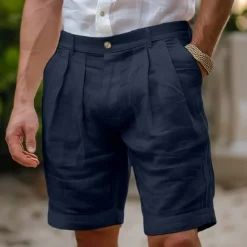 Clearance OUKU Men's Shorts Linen Shorts Dress Shorts Summer Shorts Pleated Shorts Pocket Pleats Straight Leg Plain Comfort Breathable Knee Length Formal Work Daily Fashion Streetwear Black White Inelastic