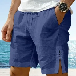 Best OUKU Men's Shorts Linen Shorts Summer Shorts Button Split Front Pocket Plain Comfort Breathable Knee Length Party Outdoor Casual Fashion Basic White Navy Blue
