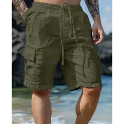 Best OUKU Men's Shorts Linen Shorts Summer Shorts Beach Shorts Drawstring Elastic Waist Multi Pocket Plain Knee Length Outdoor Beach Hawaiian Casual ArmyGreen Black Inelastic