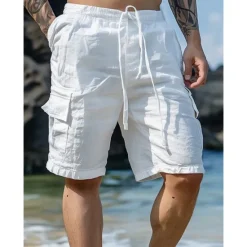 Best OUKU Men's Shorts Linen Shorts Summer Shorts Beach Shorts Drawstring Elastic Waist Multi Pocket Plain Knee Length Outdoor Beach Hawaiian Casual ArmyGreen Black Inelastic