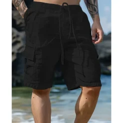 Best OUKU Men's Shorts Linen Shorts Summer Shorts Beach Shorts Drawstring Elastic Waist Multi Pocket Plain Knee Length Outdoor Beach Hawaiian Casual ArmyGreen Black Inelastic