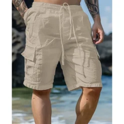 Best OUKU Men's Shorts Linen Shorts Summer Shorts Beach Shorts Drawstring Elastic Waist Multi Pocket Plain Knee Length Outdoor Beach Hawaiian Casual ArmyGreen Black Inelastic