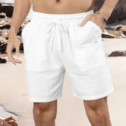 Online OUKU Men's Shorts Linen Shorts Summer Shorts Beach Shorts Pocket Drawstring Elastic Waist Plain Comfort Breathable Short Vacation Holiday Beach Hawaiian Boho Black White