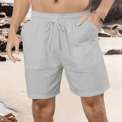 Online OUKU Men's Shorts Linen Shorts Summer Shorts Beach Shorts Pocket Drawstring Elastic Waist Plain Comfort Breathable Short Vacation Holiday Beach Hawaiian Boho Black White