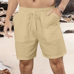 Online OUKU Men's Shorts Linen Shorts Summer Shorts Beach Shorts Pocket Drawstring Elastic Waist Plain Comfort Breathable Short Vacation Holiday Beach Hawaiian Boho Black White