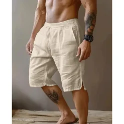 Discount OUKU Men's Shorts Linen Shorts Summer Shorts Split Front Pocket Straight Leg Plain Comfort Breathable Knee Length Party Outdoor Casual Fashion Basic Black White