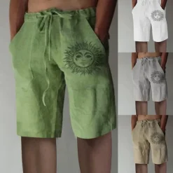 New OUKU Men's Shorts Linen Shorts Summer Shorts Baggy Shorts Elastic Waist Print Straight Leg Sun Graphic Prints Comfort Breathable Knee Length Sports Outdoor Daily Fashion Big and Tall White Blue