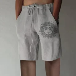 New OUKU Men's Shorts Linen Shorts Summer Shorts Baggy Shorts Elastic Waist Print Straight Leg Sun Graphic Prints Comfort Breathable Knee Length Sports Outdoor Daily Fashion Big and Tall White Blue