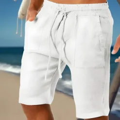 Hot OUKU Men's Shorts Linen Shorts Summer Shorts Pocket Drawstring Elastic Waist Plain Comfort Breathable Outdoor Daily Going out Fashion Streetwear White Green
