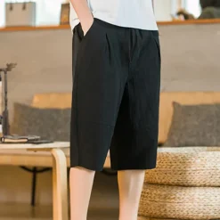 New OUKU Men's Shorts Linen Shorts Summer Shorts Beach Shorts Capri Pants Drawstring Elastic Waist Plain Breathable Soft Calf-Length Casual Daily Holiday Linen / Cotton Blend Streetwear Hawaiian Black Blue