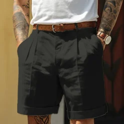 OUKU Men's Shorts Linen Shorts Dress Shorts Summer Shorts Pleated Shorts Pocket Pleats Straight Leg Plain Comfort Breathable Short Casual Daily Holiday Fashion Designer Black White