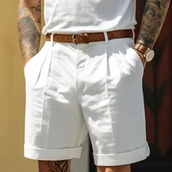 OUKU Men's Shorts Linen Shorts Dress Shorts Summer Shorts Pleated Shorts Pocket Pleats Straight Leg Plain Comfort Breathable Short Casual Daily Holiday Fashion Designer Black White