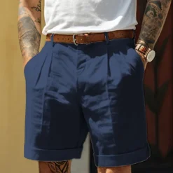 OUKU Men's Shorts Linen Shorts Dress Shorts Summer Shorts Pleated Shorts Pocket Pleats Straight Leg Plain Comfort Breathable Short Casual Daily Holiday Fashion Designer Black White