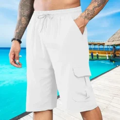 Best OUKU Men's Shorts Linen Shorts Summer Shorts Beach Shorts Drawstring Elastic Waist Multi Pocket Plain Comfort Breathable Short Vacation Holiday Beach Hawaiian Boho Black White