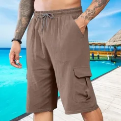 Best OUKU Men's Shorts Linen Shorts Summer Shorts Beach Shorts Drawstring Elastic Waist Multi Pocket Plain Comfort Breathable Short Vacation Holiday Beach Hawaiian Boho Black White